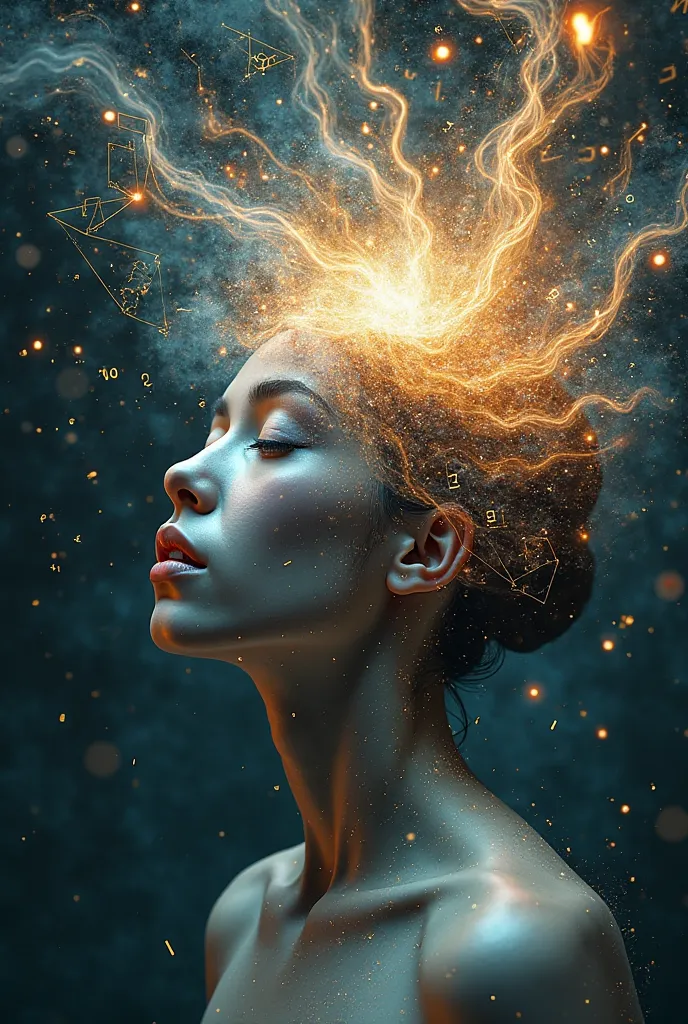 Flow of Thoughts — A human face with a whirlwind of lights,  mathematical symbols , letters and concepts coming out of the head, symbolizing the cognitive process and creativity.