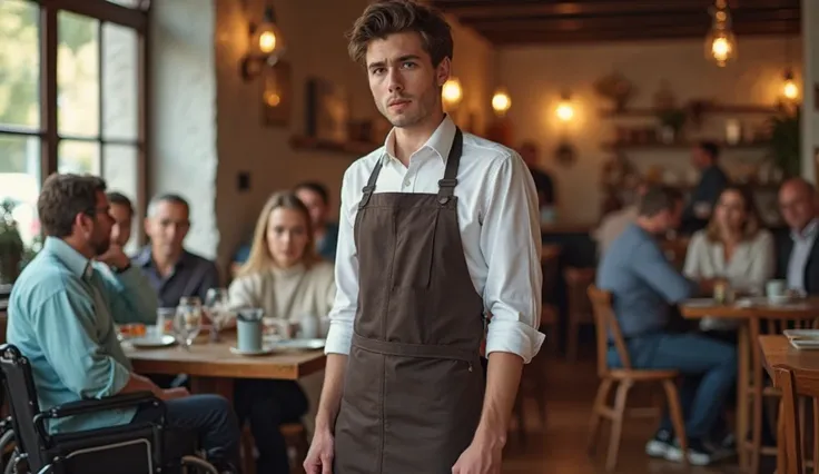 
A candid photograph captures a young male waiter with short, dark hair and fair skin, standing confidently in a cozy café. He wears a neat white shirt with rolled-up sleeves, a dark brown apron, and black pants. His expression is determined yet composed. ...