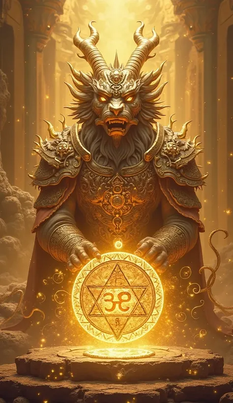 A majestic and divine fantasy scene featuring a guardian beast clad in intricate golden armor with celestial engravings, exuding an aura of wisdom and strength. The background is bathed in warm golden light, resembling an ancient sacred realm. At the very ...