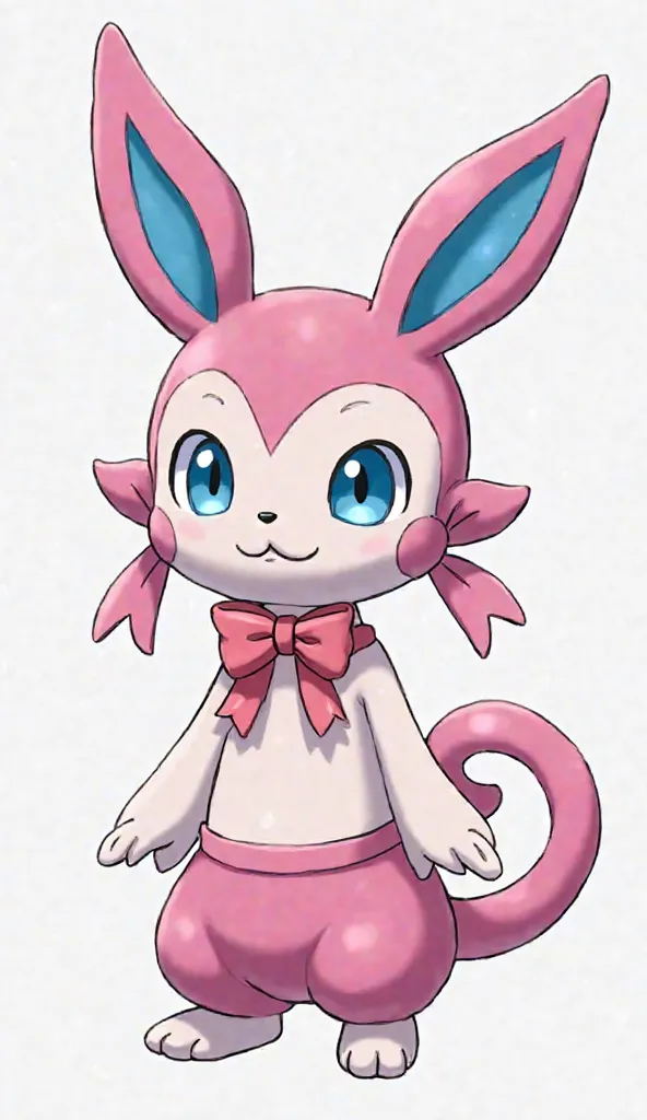 Pokémon sylvion. Cat's humonoid body. It has pink rabbit ears with a blue interior. The upper and back of the head are covered in pink .  light blue eyes. On his left ear and on his neck, he has a bow with long ribbons. There is a pink short on the lower p...