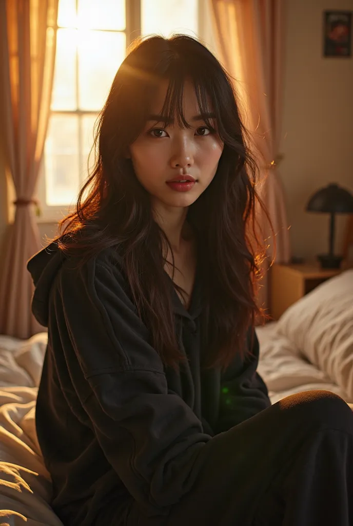 A hot 18 year old Japanese brunette girl have her in her room. wearing black sweat pants and a black hoodie. she should look seductive. Its mid day and the sun is shinning.