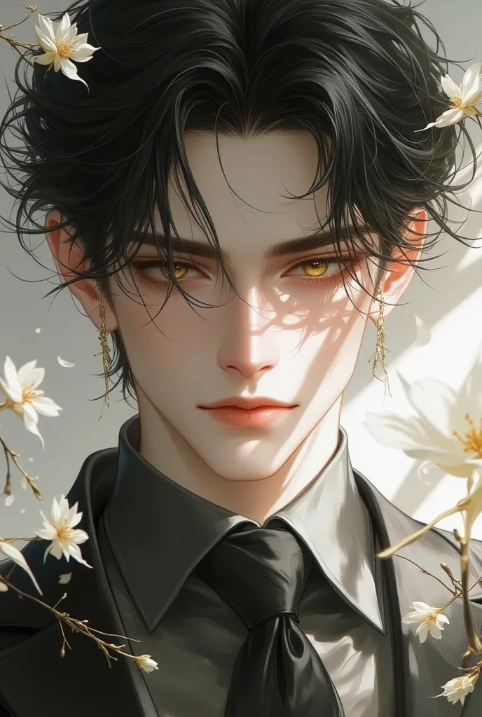  young man,Fleetingly beautiful,Shirogane's Short Hair,Golden Eyes, elegant, graceful and elegant,flower,masterpiece, accurate, anatomically correct, Highest quality, very detailed, 