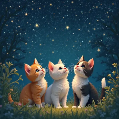 three kittens looking at the stars