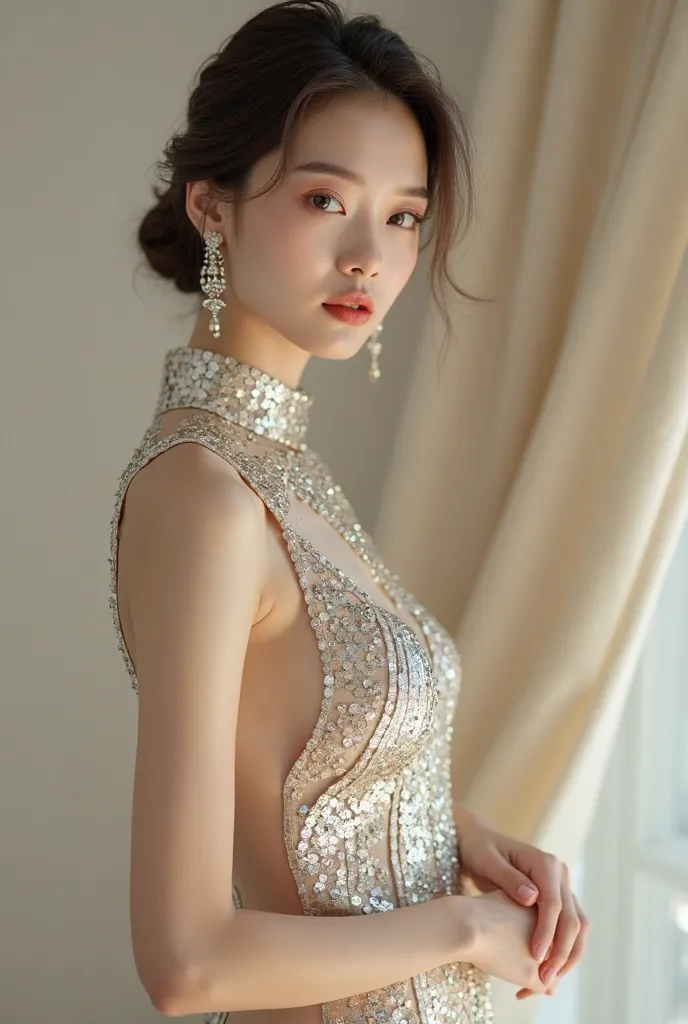 A high-definition fashion photo of an elegant Chinese model wearing a stand-up collar dress decorated with shimmering sequins. The dress has a unique design with diagonal pleats and high cleavage on one side. The woman has a calm demeanor, with her hands t...