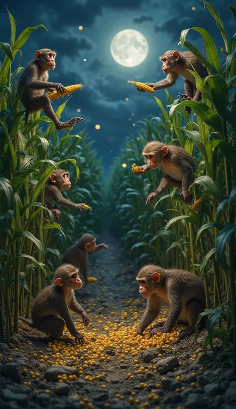 A group of mischievous monkeys invading a peaceful farm at night. They are tearing off corn from the stalks, throwing them around, and creating a mess. Some monkeys are eating the corn, while others are jumping on the plants, breaking them. The moonlight c...