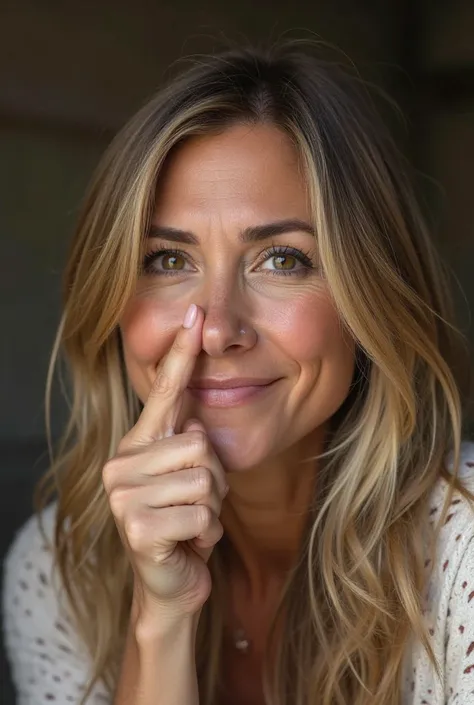 Real pictures of Jennifer Aniston with one finger on her nose
