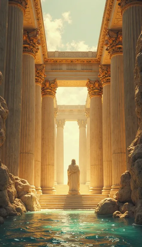 Temple of Greek mythology with golden tones, yellow and blue with Poseidon