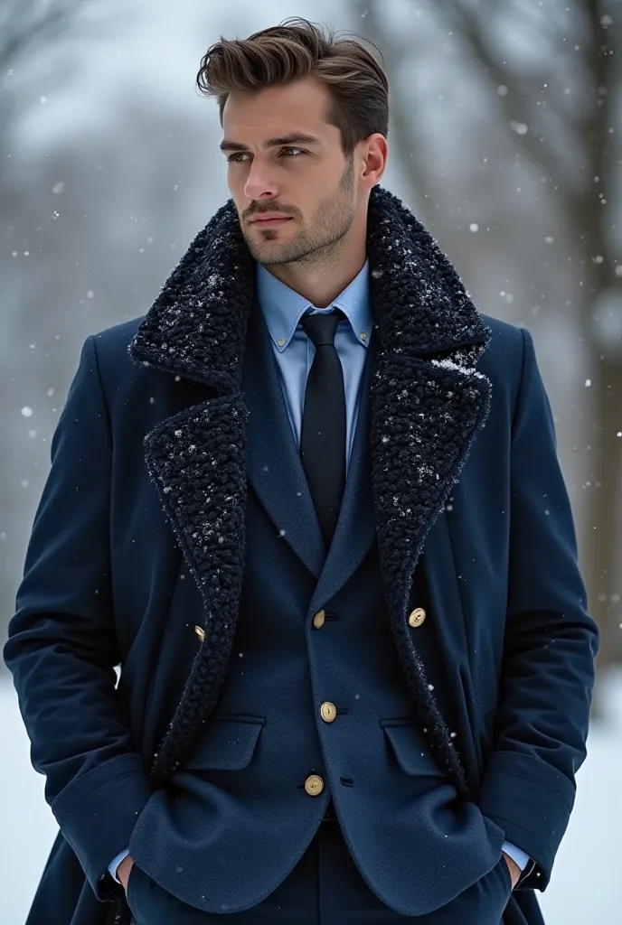 Create a picture of an indigo blue suit with a winter coat 