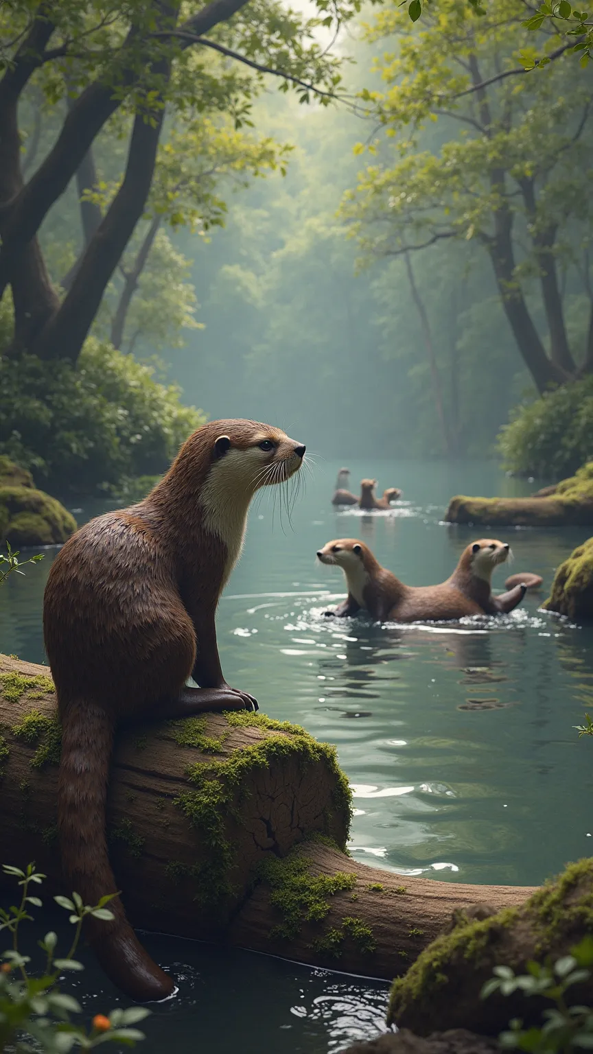 You pause to rest on a fallen log, your hands resting on its mossy surface. In the distance, you see a family of giant otters swimming gracefully in a calm river, their sleek bodies cutting through the water with ease