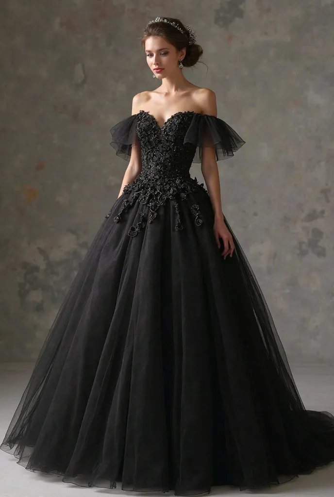 "Design a breathtaking, princess-style ball gown in a black color. The dress should feature an off-the-shoulder design with delicate, layered tulle sleeves, creating a romantic and ethereal look. The bodice should be fitted with subtle floral appliqués and...