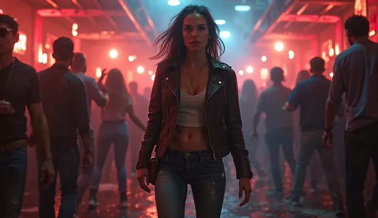  A woman, dressed in jeans and leather jacket , in a nightclub, everyone running, due to gunshots