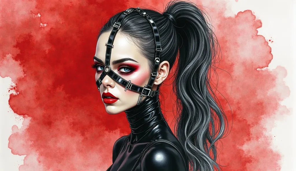 style watercolor painting. Illustration of a Very thin woman in black latex. A harness with wide straps and steel buckles is attached to her face, forehead, chin and mouth, with painted bright red lips.  Very fluffy and long black and white ponytail. Red, ...