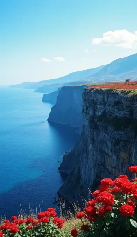  masterpiece, 最 High quality lines , High quality lines , High resolutionCG Unity 8K 壁紙 ,   landscape, open air, イングランドの白い steep [cliff,   blue sky, Red Rose Flower畑 , break[cliffの[cliffの上から,  landscape,  deep blue sea 、coastline, [cliff, nature, heavens, ...