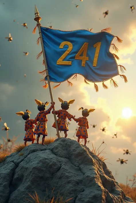 Create a realistic 3D animation image, a group of Indonesian ren, on a rocky hill, clinging and holding a flagpole blown by strong winds, the flag is blue with tassels embroidered in gold, in the middle of the flag is the number "241" in gold, the number i...