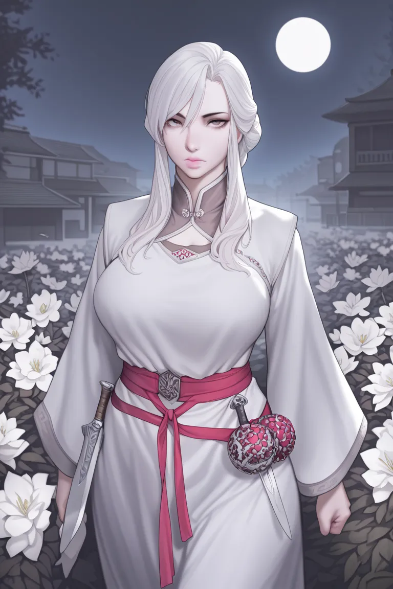 Masterpiece, Best, Night, Full Moon, 1 Female, Mature Woman, Chinese Style, Ancient China, Elder Sister, Royal Sister, Cold Face, Expressionless, Silver White Long Haired Woman, Pale Pink Lips, Calm, Intellectual, Three Belts, Gray Hitomi, assassin, dagger...