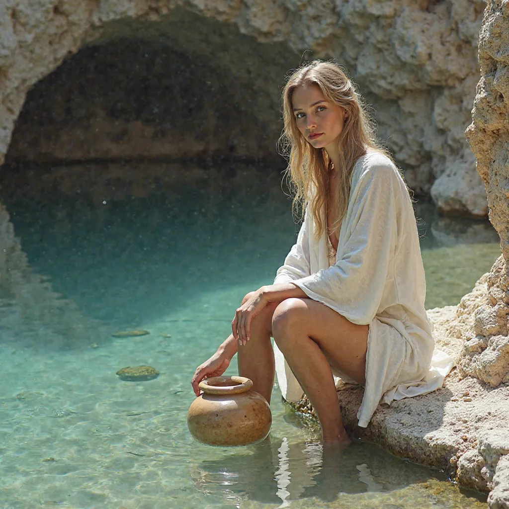 Normal general plan of a woman crouching near a rock drilled with crystal clear water, Look at her reflection in her, and submerge a clay jar to fill it with water.  The woman is 30 years old ,  he has white skin, She has a small forehead, almond-shaped an...