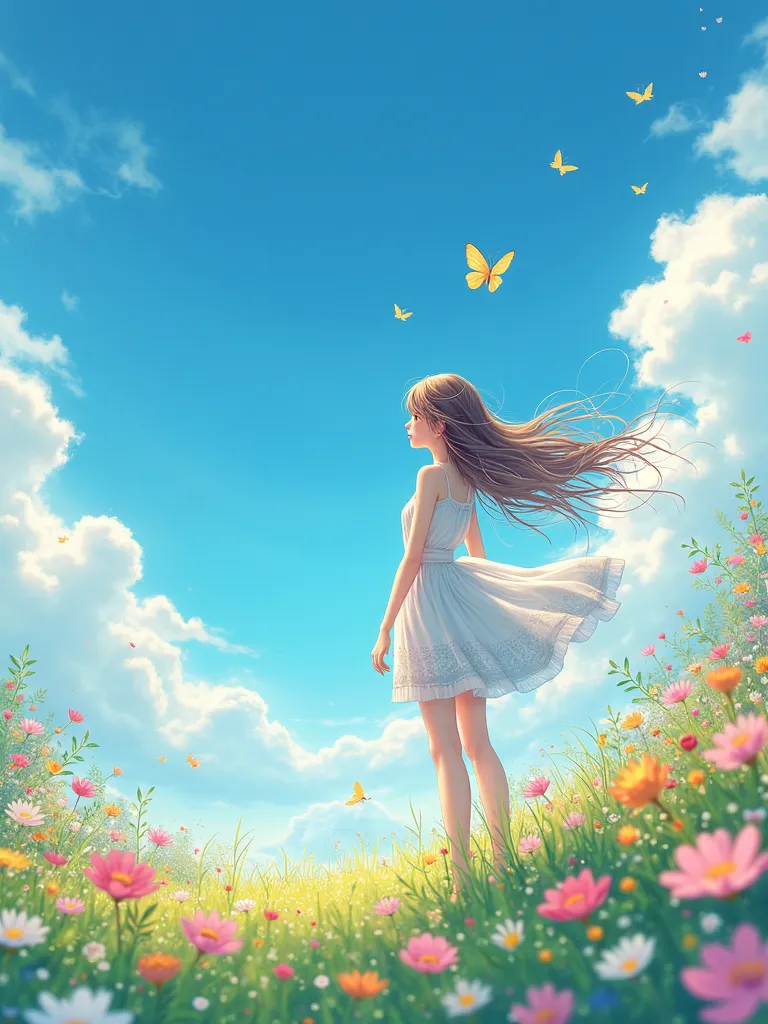  Compa、Spring flowers、blue sky、 girls on the left、 refreshing、long hair fluttering in the wind、 big eyes、 look into the distance、Kirameki 、Butterfly