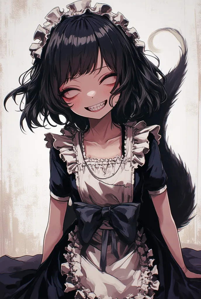 Girl with short black hair going a little bit in an outward direction, with a maid costume, skunk tail, anime style, be smiling macabrely, with their eyes closed, that the image focuses on his face