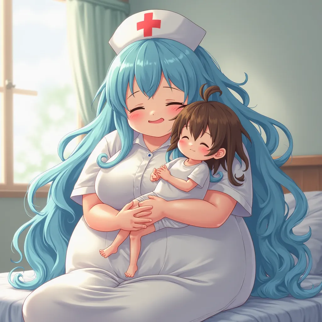 anime obese nurse girl with long sky blue waterfall hair holding tiny emaciated boyfriend protagonist thick rounded long brown rough hair going down the neck ahoge on the back of head on shoulder