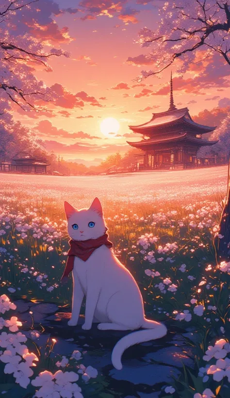 A tranquil anime landscape at sunset, with the sky painted in shades of orange, pink, and purple. A vast field of cherry blossoms stretches into the distance, their delicate petals drifting gently in the breeze. A small stone path winds through the field, ...