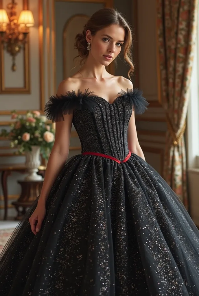 "Create an elegant, princess-style ball gown in a soft black color, covered in shimmering glitter details. The dress should feature an off-the-shoulder design with delicate, ruffled tulle sleeves. The fitted bodice should have vertical pleated detailing an...