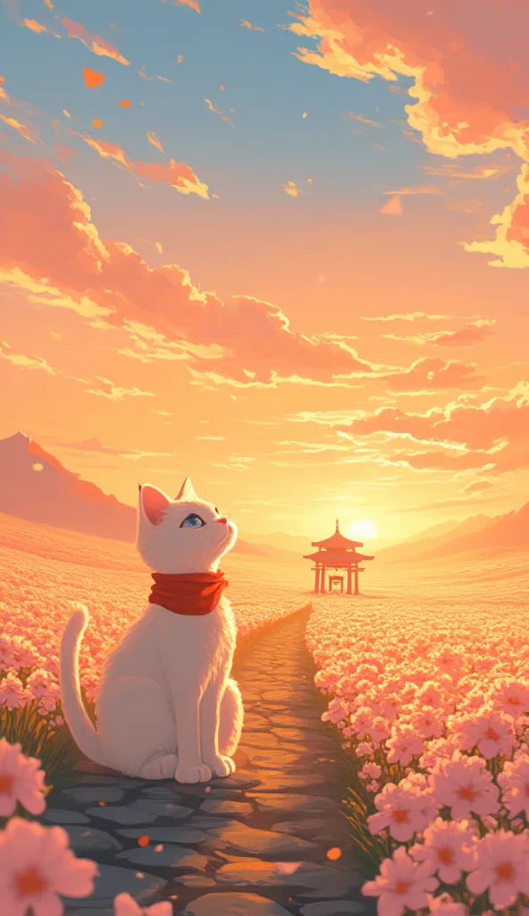 A tranquil anime landscape at sunset, with the sky painted in shades of orange, pink, and purple. A vast field of cherry blossoms stretches into the distance, their delicate petals drifting gently in the breeze. A small stone path winds through the field, ...