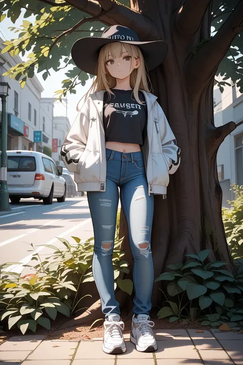  anime style、looking at the camera、full body、
1 girl、
 white jacket、Black T-shirt、Street Style、jeans、white sneakers、
black unadorned casket hat、
masterpiece、Highest quality、
 Light Blonde、 white mesh、long hair、brown eyes、Droopy eyes、
closed mouth、
 small t...