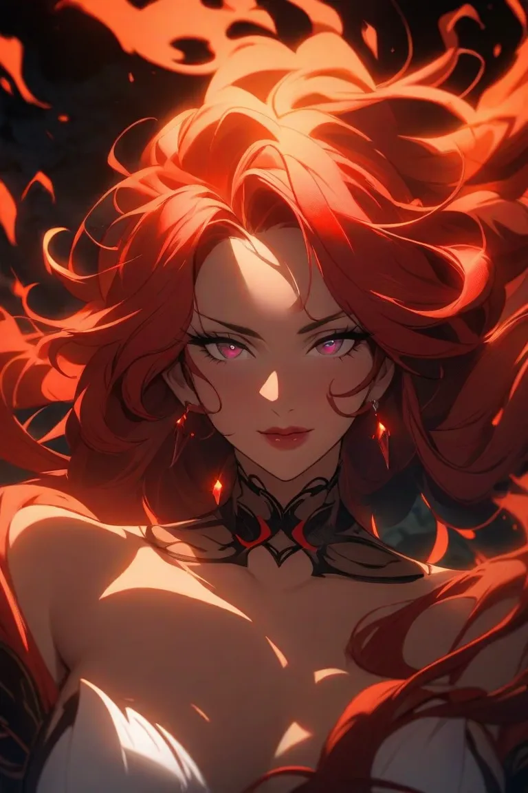 Red long hair, black skin, sexy, fire magic, beautiful mature lady, 2D animation style 