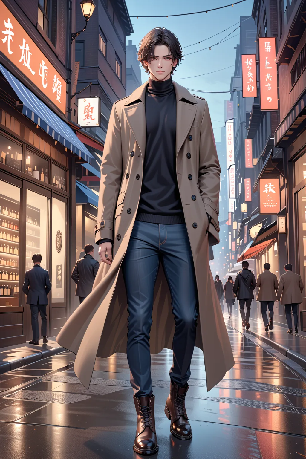 (masterpiece, best quality:1.5), (ultra detailed, high resolution, 8k, beautiful detailed, UHD, best anatomy), Dark brown Medium hair, 1 boy, City Mode Style, Black turtleneck, Gray Chester coat, Dark denim, Black Chelsea boots, full body shot, accessory