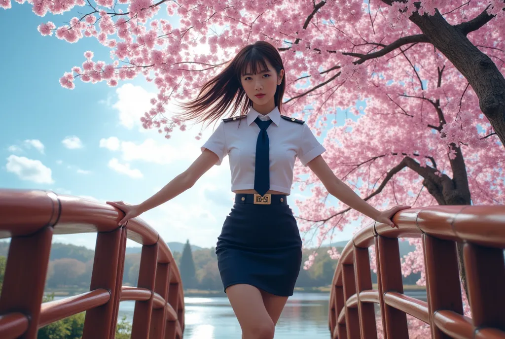 Sexy beautiful Japanese woman, a self defense officer uniform, wearing a white short-sleeved shirts, navy blue tie, navy blue pencil skirt, Black patent high heels, beautiful hip-line, Beautiful thighs, a woman is standing on a wooden wide bridge, In the b...