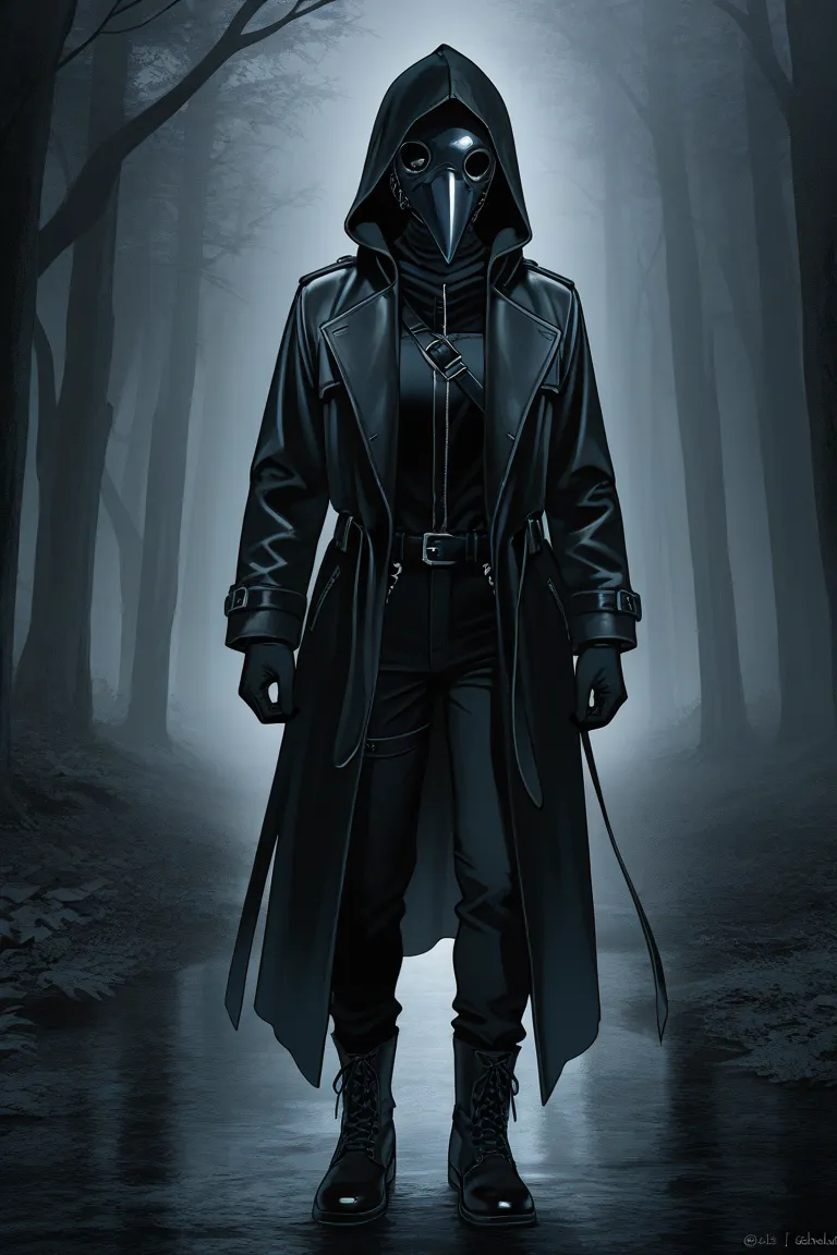 wearing a long leather coat and large cloak with a plague mask all over, huge、Full body like a fat person