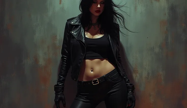 A highly detailed dark fantasy illustration of a leggy dark edgy curvaceous extremely fit heavily muscled woman portrayed by a young Phoebe Tonkin dressed in a gothic/punk style. She's wearing a black leather jacket, a dark crop top, and black pants with a...