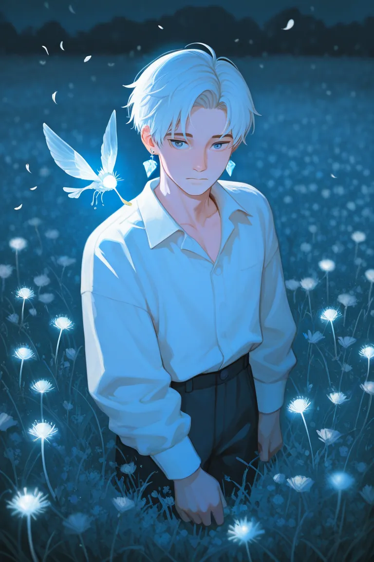 (Two characters) 13years old boy and a girl with blue eyes, standing in a field felld with white dandelion flowers, with white short hair and wearing white shirt, (boy) wearing tiny crystal earrings, some few tiny dandelion petals flying around, sketchy, d...