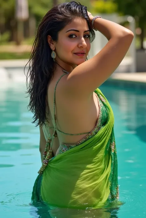 Closeup Full body photo of tripti, age 30 years, white skin, a bit chubby, smile, wearing wet green colour saree revealing her navel and armpit, deep cleavage, down blouse, long wet  black hair, wet hair, wet body, bent over the edge of the pool pose on CA...