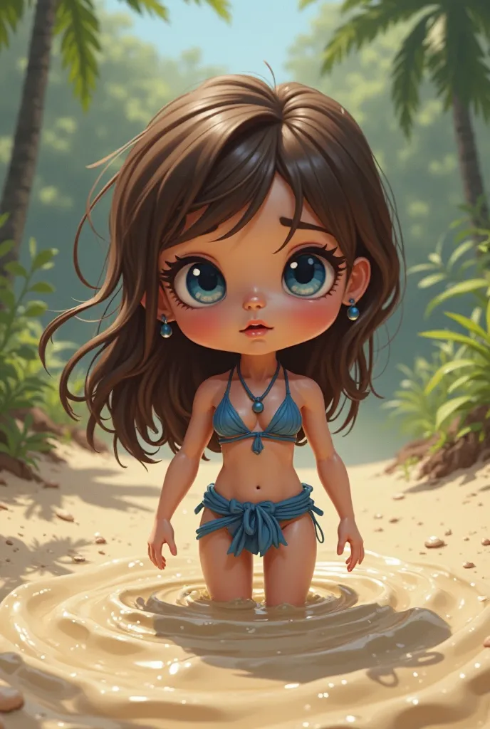 " Emily JUNGLEGIRL , Latin, Big Blue Eyes, Shoulder length Brown Hair, Blue Hindu loin cloth, Simple blue halter top, Terrified, Sinking Waist deep And deeper  in Quicksand Undulating fine grain muddy sand ,trying To Escape, peril, Kawaii Chibi Cartoony Sh...