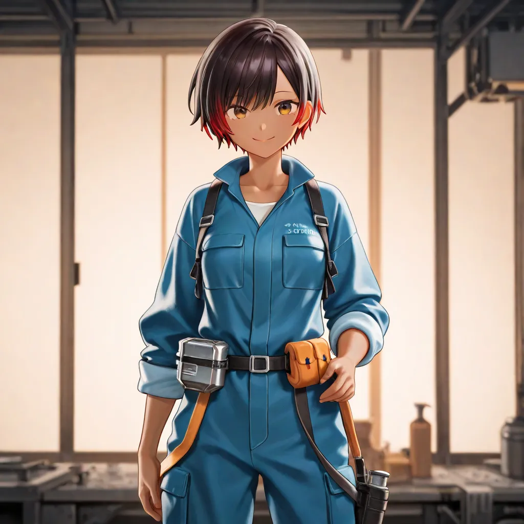 1girl, tanned skin, short hair, smile, repairman, futuristic, garage