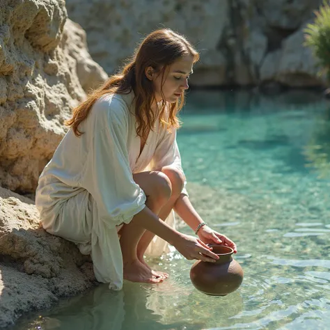 Normal general plan of a woman crouching near a rock drilled with crystal clear water, Look at her reflection in her, and submerge a clay jar to fill it with water.  The woman is 30 years old ,  he has white skin, She has a small forehead, almond-shaped an...