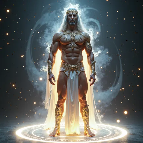 Full Body photorealistic incredibly handsome beautiful 20 year old male extreme body builder as Celestial being,  the God of stars, Wearing silver and gold jewelled costume. His body was covered with bursting energy aura, he is standing on white magic circ...