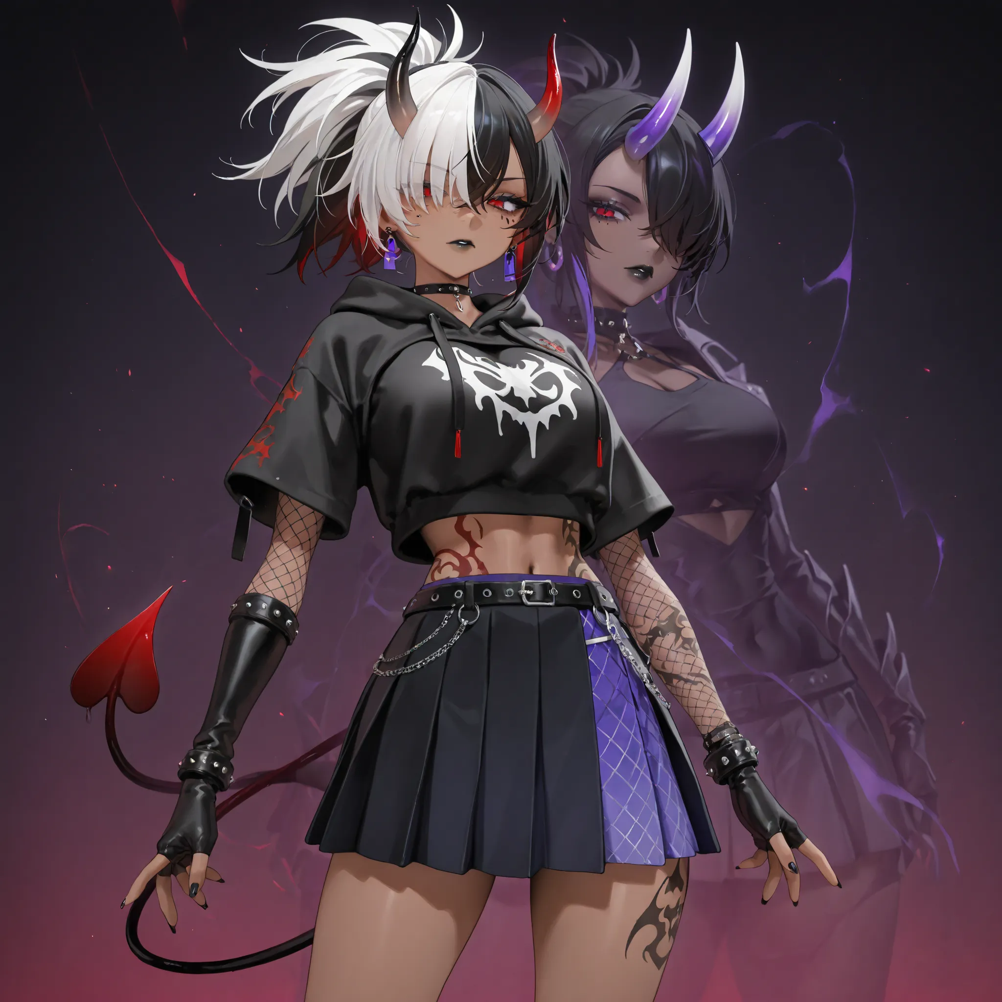 1girl, ponytail, ((split colored hair, black on the left, white on the right)), ((white hair over right eye)), black hair, red eyes, black cropped hoodie with short sleeves and spider decals, ((black lips)), choker, earrings, fishnet elbow gloves, fingerle...