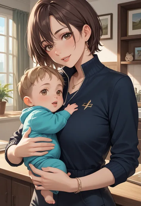 超 Hi-Res, masterpiece, t, 8k, 16k 、 (((Parent and Child)))、mother、茶色haired kid、Around town、 hug、  jacket、 shirt、((( baby)))、 Brown hair、 small 、 shirt、perfect fingers、Short Hair