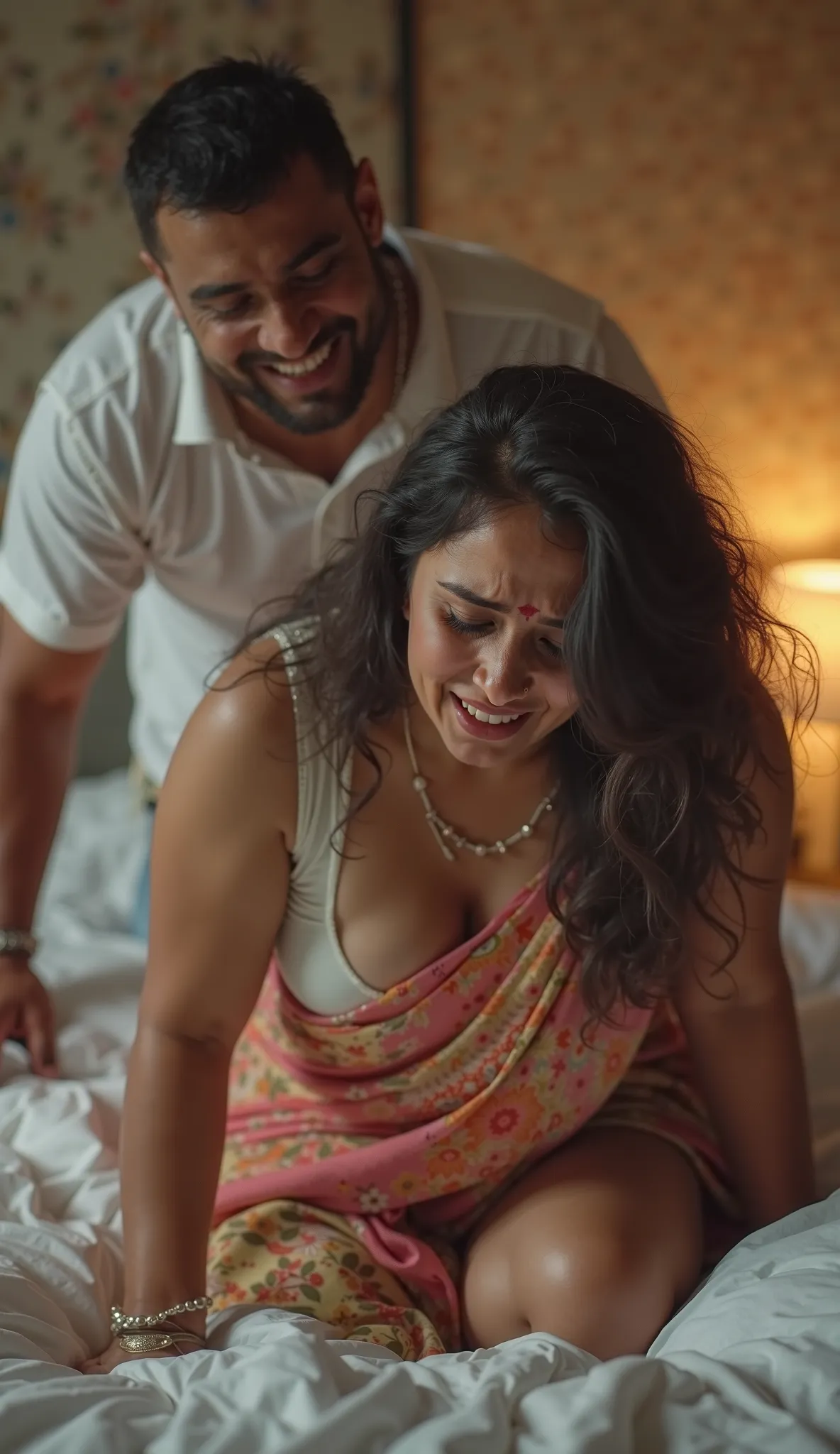 An Indian woman with medium plus size body, thighs visible in saree, busty breasts , bends over in bed and crying loudly with pain  and her drunken husband is standing behind her, pushing her hard and laughing background blur