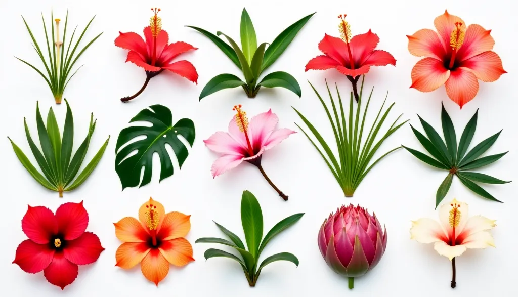 This image is a vibrant collection of tropical flowers and foliage, perfect for various design applications. Let's break it down:

Image Description:

The photograph presents a curated arrangement of fifteen individual tropical elements against a pure whit...