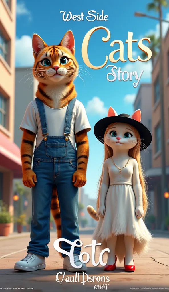 writing gorgeous Gothic yellow letter "West Side Cats Story" at screen bottom, Front view, Full body,   on street in Los-angels city, Disney 3 D style anime , 2 Cats standing pose,  (1 male cat and 1 female cat, 1 male cat is cat head brown hair, defoamer ...