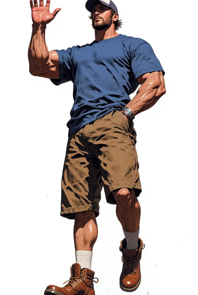 Muscular man Very very high too high is too high  in blue t-shirt and long shorts with work boots and brown shoes With short socks With baseball cap Loose fit t-shirt Jumping and waving with open hand On a white background And one hand in the pocket and lo...