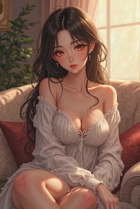 Beautiful and sensual anime girl sitting in the living room. 