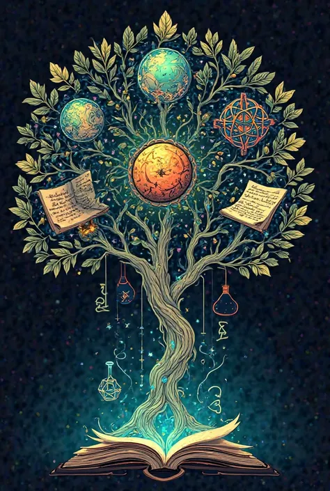 "A modern digital illustration with elements of neo-traditional illustration, presenting a tree-shaped design, where each discipline is represented, } creating a connecting effect between knowledge. The artistic style includes **striking and well-defined l...