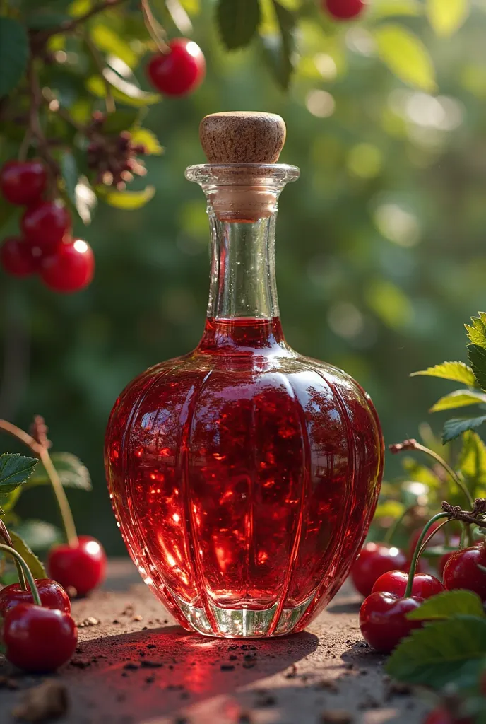 Create an image of an artisanal liqueur bottle with a cherry flavor and that the glass bottle is shaped like the cherry fruit