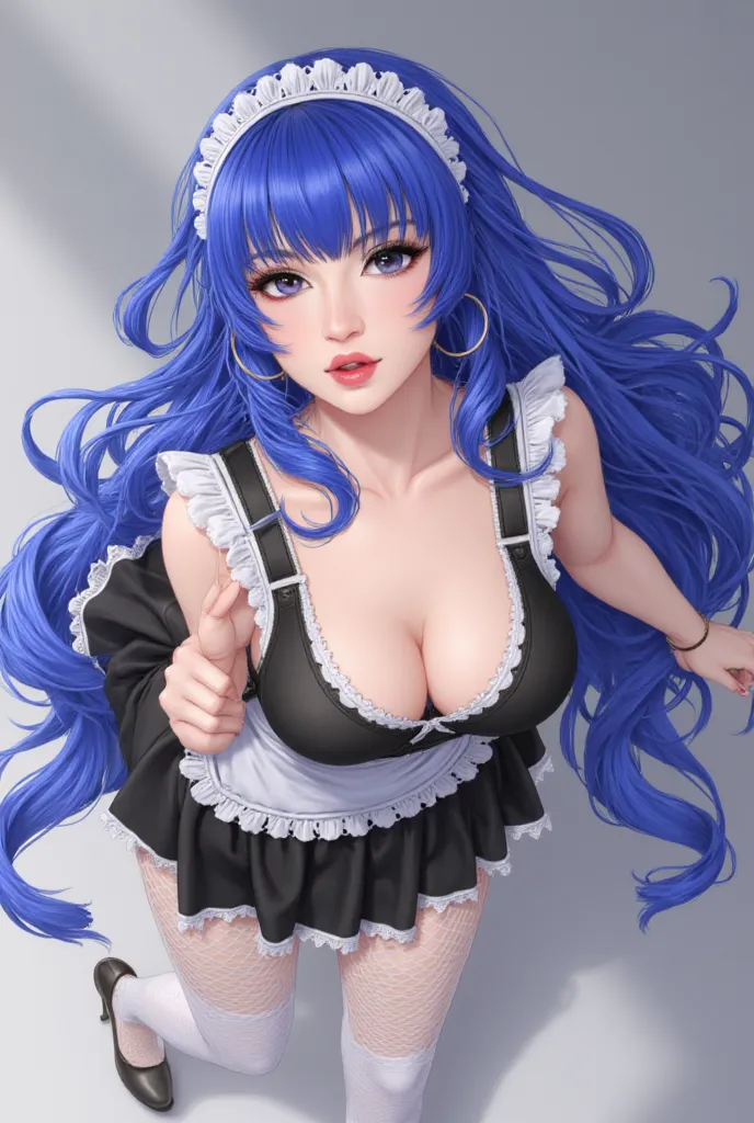 hands on hips, less cleavage, ((Blue very long curly hair)), black/white sexy french maid dress, Hourglass curvy body, ((white fishnet leggings)), cosplay, hoop earrings, makeup, Masterpiece, High Resolution, Accurate, High Details, Textured Skin, photogra...