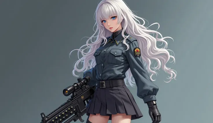  Beautiful girl with long wavy white hair, dressed in a military officer's uniform, dark gray blouse with camouflage,  short black skirt , sleeves rolled up to the elbows, dark gloves,  pantimedias, booties with a , holding a gamer keyboard like a rifle,  ...