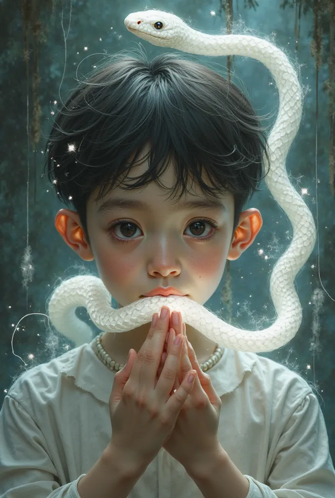 drawing of a boy eating a white snake 